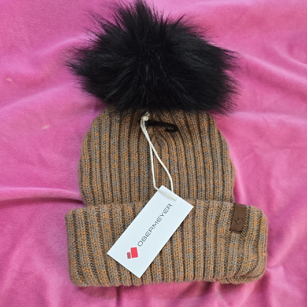 Obermeyer Tan Knit Beanie with Black Pom